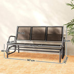 3-seat glider rocking chair, black frame with dark mesh back and labeled dimensions