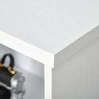 White bookcase interior corner joint and shelf edge in open cubby design.