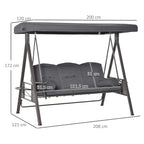 Outdoor swing bench with canopy and dark grey cushions, labeled dimensions