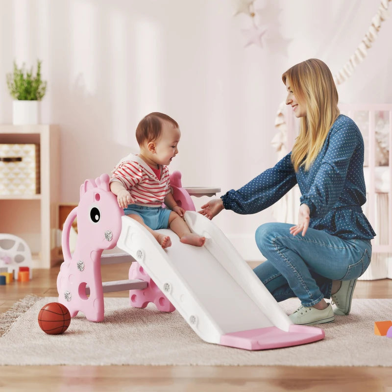 Pink kids slide and giraffe climber with basketball hoop, white ramp and base
