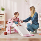 Pink kids slide and giraffe climber with basketball hoop, white ramp and base