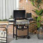 Black steel gas grill with open lid, side shelf, and storage basket
