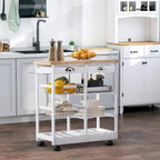 White kitchen trolley cart with sink and open storage shelves