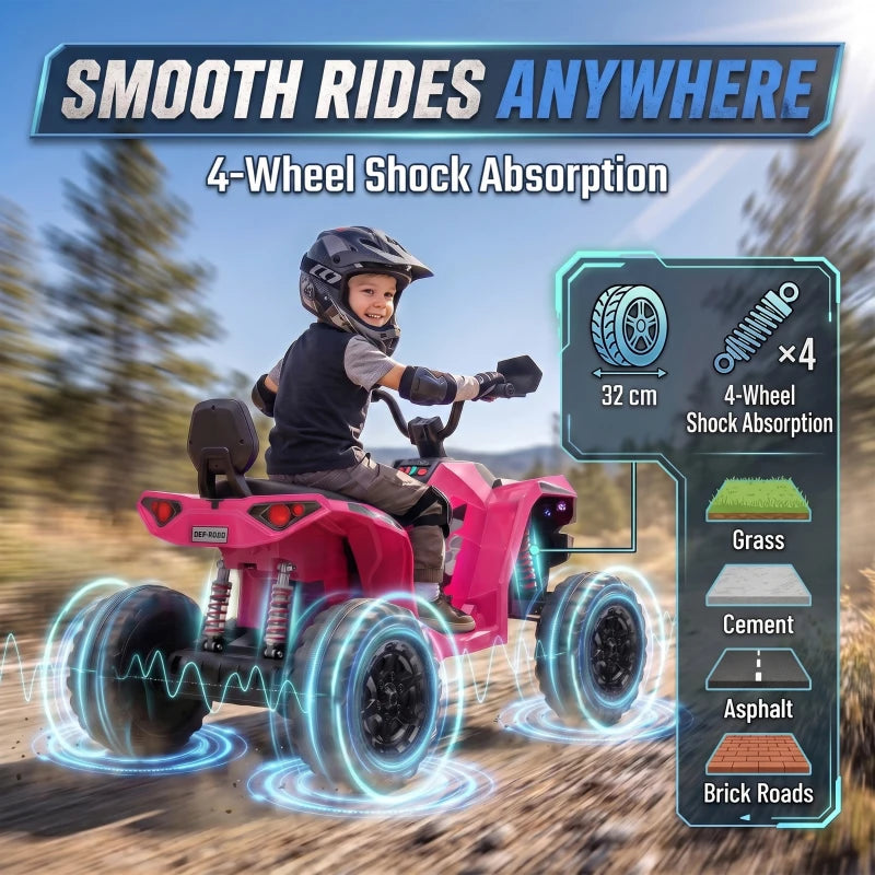 Pink kids electric quad bike with four-wheel shock suspension and wide tread wheels