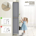 Grey tall bathroom cabinet with anchored anti-tip base and closed louvered door.