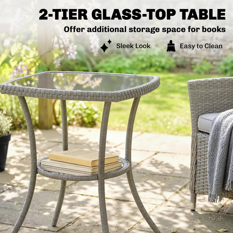 Two-tier glass-top bistro table with lower shelf in dark grey rattan weave