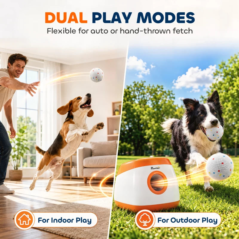 White fetch dog ball with colorful dots and raised texture