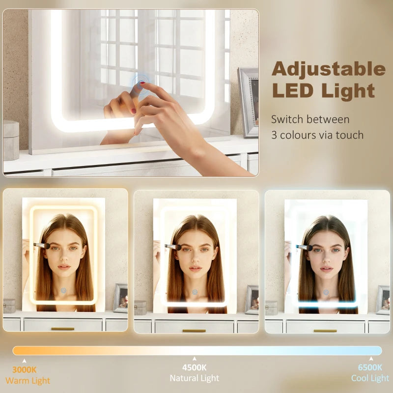 LED-lit vanity mirror with white frame and touch controls
