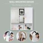 White wall-mounted mirror cabinet with open shelves and storage space behind doors