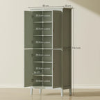 Green tall pantry cupboard open, with labeled internal shelf dimensions and side measurements.