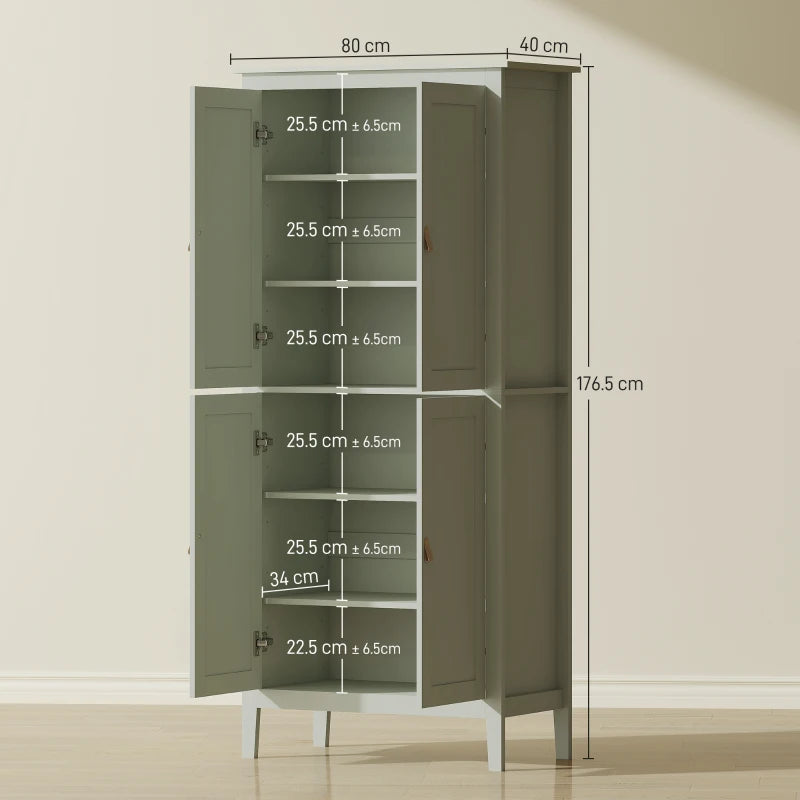 Green tall pantry cupboard open, with labeled internal shelf dimensions and side measurements.