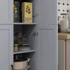 Grey kitchen cupboard interior with an open shelf holding jars and boxed pantry items