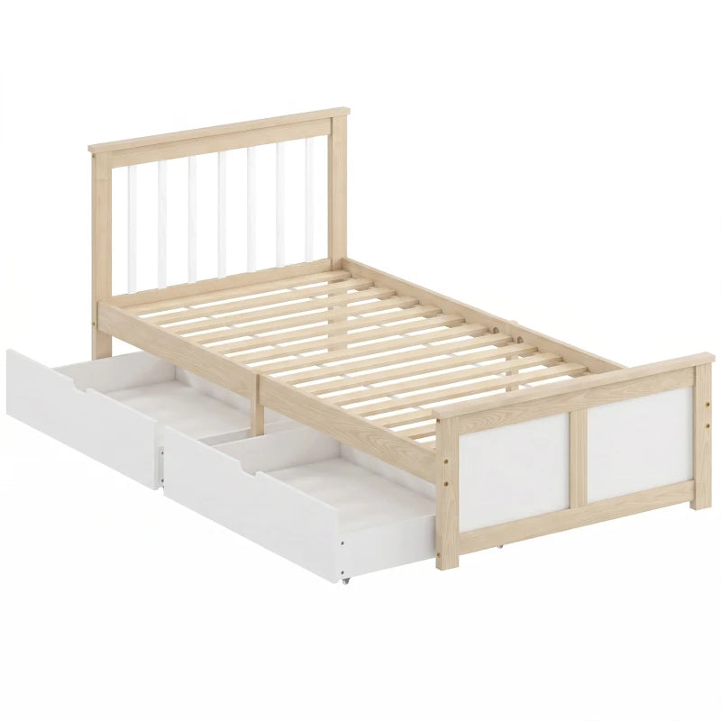 Pine storage bed with headboard, wood slat base, and two pull-out drawers