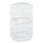 Large white metal bird cage with multiple perches, swing, and feeding bowls