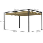 Dimensioned retractable khaki canopy metal pergola with black frame and four posts