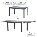Dark grey extendable dining table with slatted top; arrows show added length for more seats