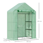 Green greenhouse with dimensions view, two-tier shelf frame and zippered entrance