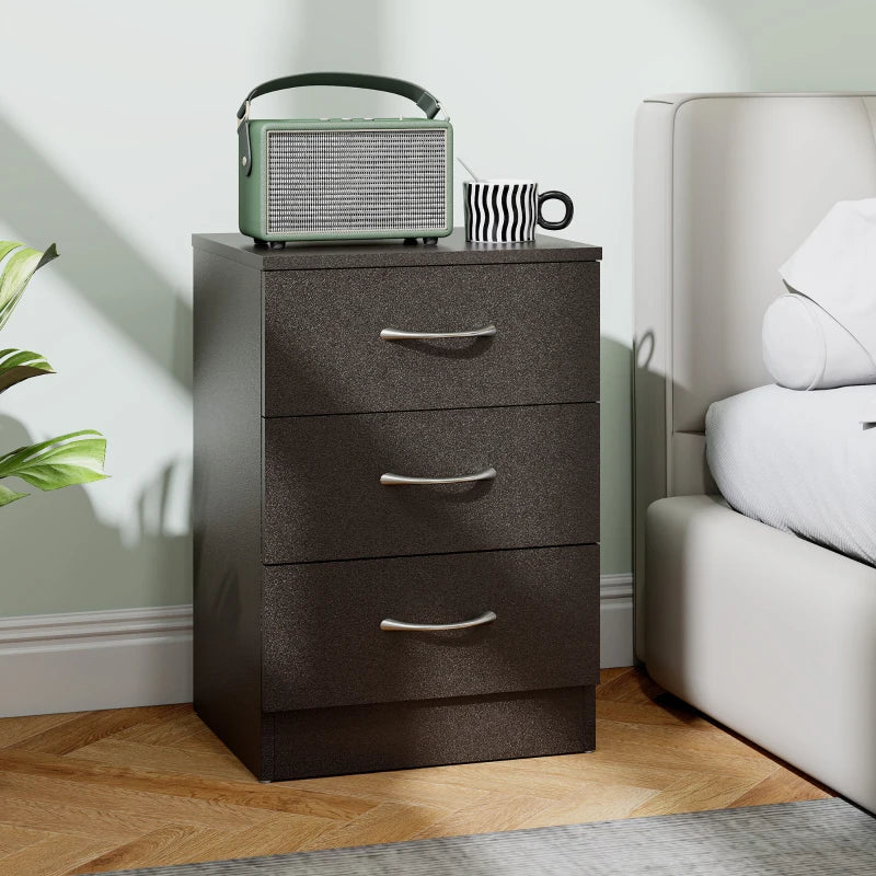 Black three-drawer bedside table with curved silver handles