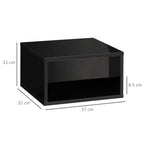 High-gloss black floating bedside table with open shelf; size dimensions shown