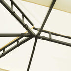 Cream gazebo roof frame joint with black steel braces and canopy supports