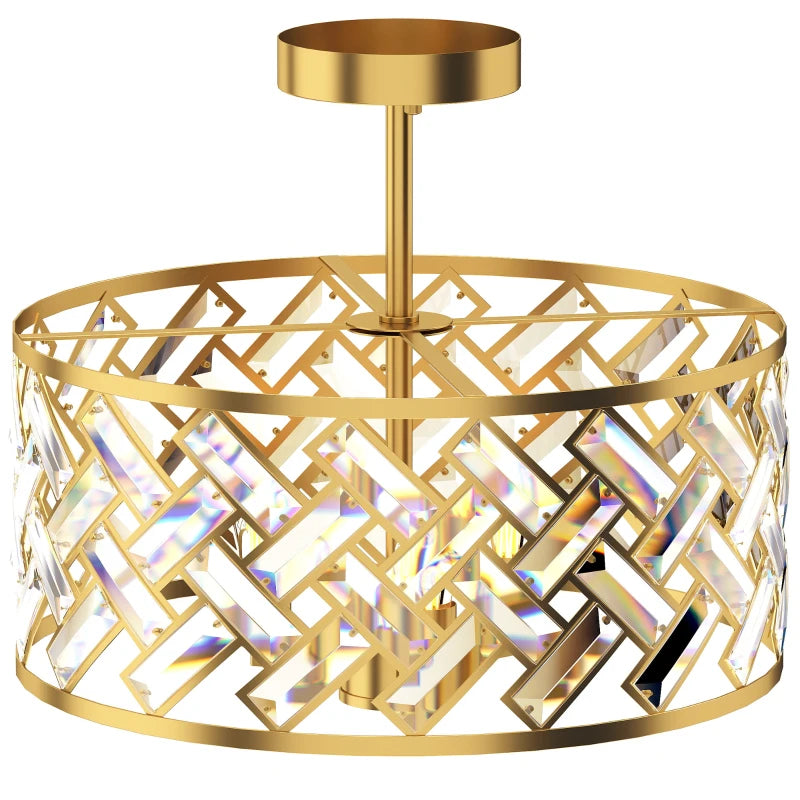 Gold-tone modern ceiling light with round metal cage and faceted crystal prisms