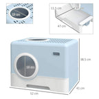 Blue enclosed cat litter box with front entry and pull-out tray, shows top exit