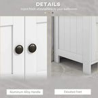 White cabinet with raised panels, round knobs, and elevated feet for under-sink storage
