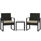 Rattan bistro set with two dark wicker chairs and a square glass-top table, tan cushions