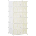 White modular storage unit with six fabric cubes and round front pull knobs