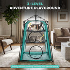 Teal 3-level cat tent with front door mesh panels and two cats inside