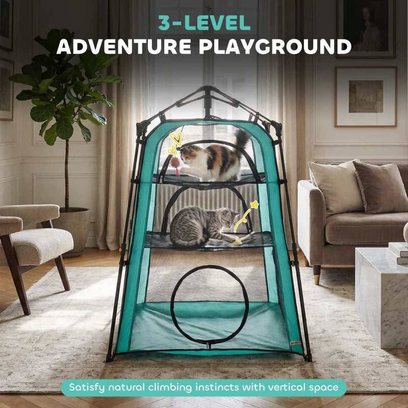 Teal 3-level cat tent with front door mesh panels and two cats inside