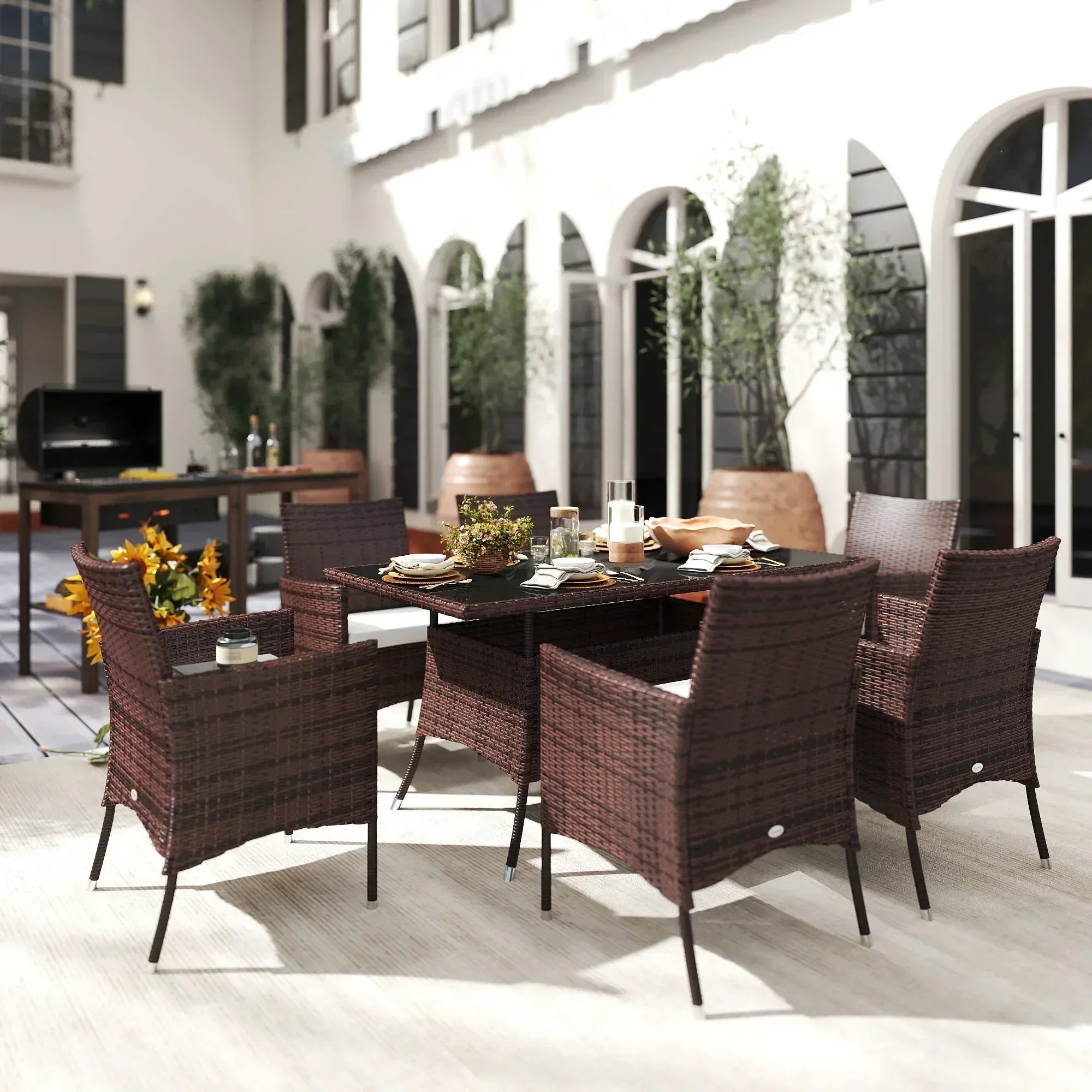 6 Seater Rattan Dining Set with Cushions, Rattan Garden Furniture Set with 6 Armchairs, Rectangular Glass Top Table, Outdoor Dining Table and Chairs, Brown - Bobobiy