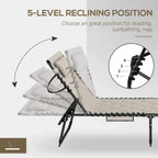 Khaki sun lounger showing five reclining levels with adjustable backrest mechanism