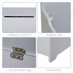 Grey toy box details: U-shaped pull cut-out, magnetic lock, metal hinge, raised base.