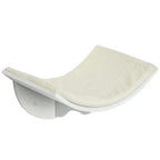 Curved wall-mounted cat perch shelf with white base and soft cream faux fur mat