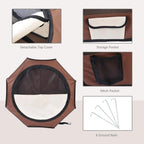 Portable pet playpen detail view: detachable top cover and storage pocket on brown fabric.