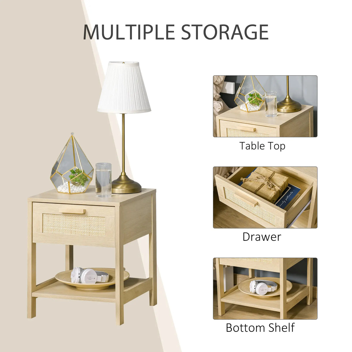 Natural wood bedside table with drawer and open shelf storage