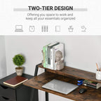 Two-tier rustic brown writing desk with black frame for books and laptop storage
