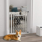 White pressure fit stair gate with swinging door and metal mesh panel, mounted at doorway