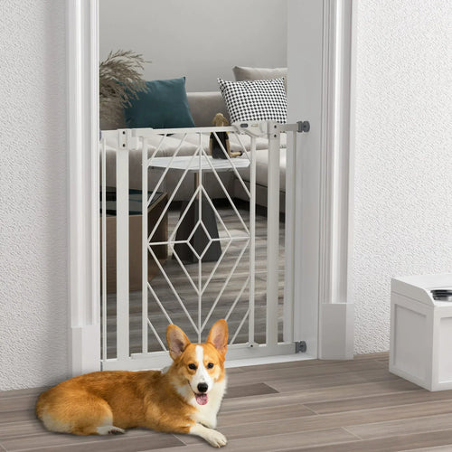 White pressure fit stair gate with swinging door and metal mesh panel, mounted at doorway