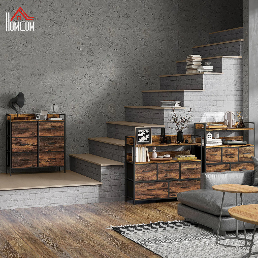 Rustic brown six-drawer chest shown in a living room with matching storage furniture