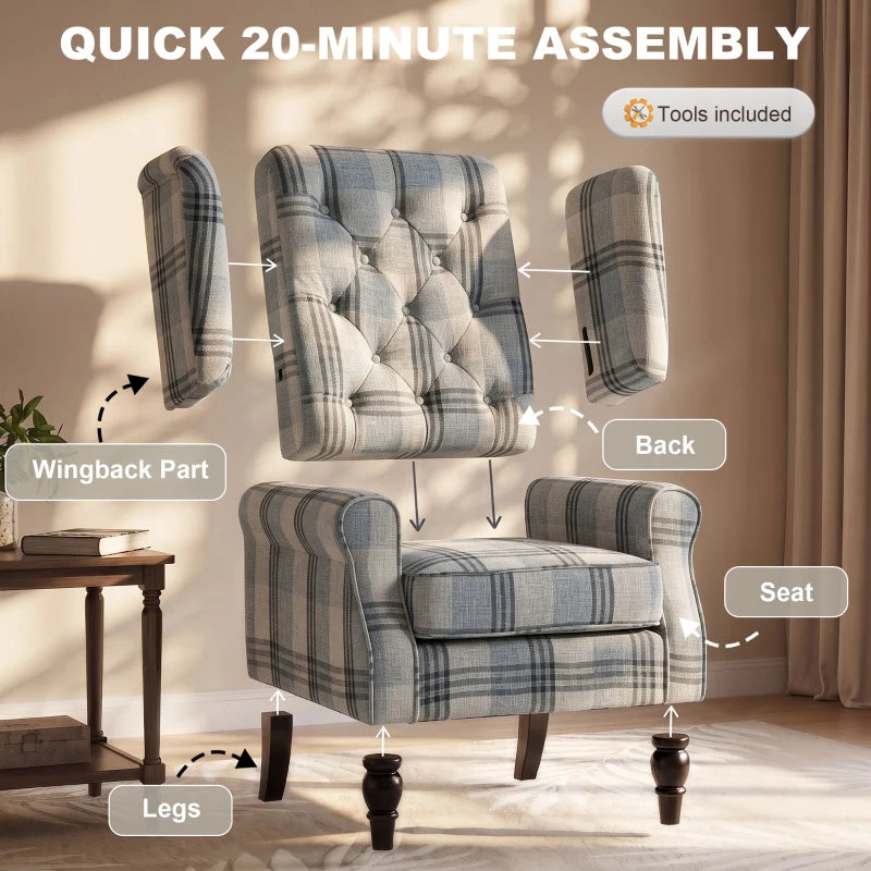 Plaid wingback accent chair with dark turned legs and tufted back