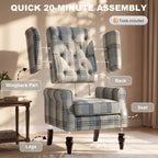 Plaid wingback accent chair with dark turned legs and tufted back