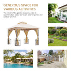 Beige double-tier gazebo with sheer curtains and black arched posts