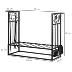 Black steel firewood log rack with width and height measurement diagram