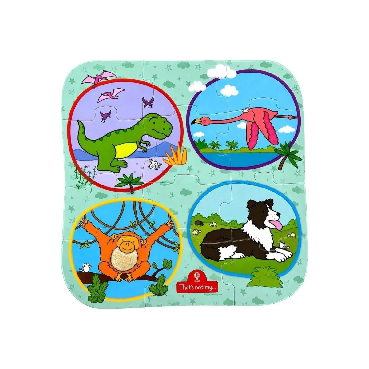 Green animal floor puzzle mat with four scenes: dinosaur, bird, bear, and cat