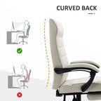 Cream white office chair with curved back support and padded seat, adjustable tilt mechanism.