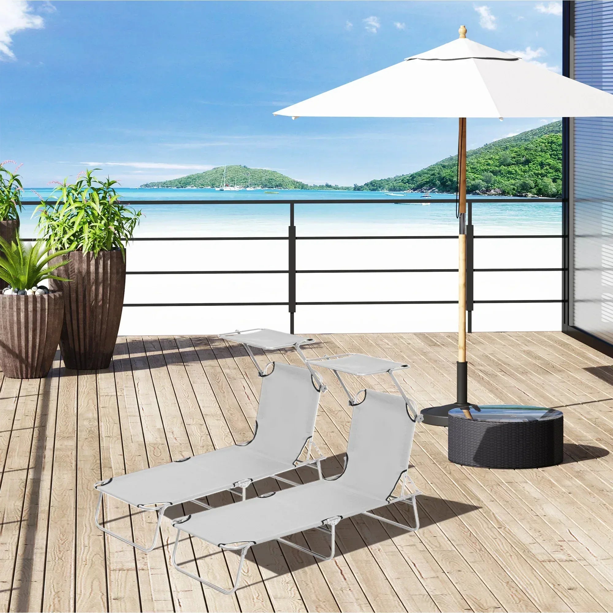 2 Pieces Outdoor Foldable Sun Lounger, 4 Level Adjustable Backrest Reclining Sun Lounger Chair with Angle Adjust Sun Shade Awning for Beach, Garden, Patio, Light Grey - Bobobiy