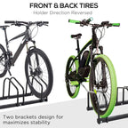 Black bike parking rack with six U-shaped holders for bicycle tires