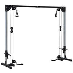 Black cable crossover power rack with dual pulley stations and ground base stands
